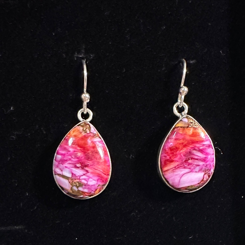 Pink Oyster Copper Teardrop Earrings, Sterling Silver